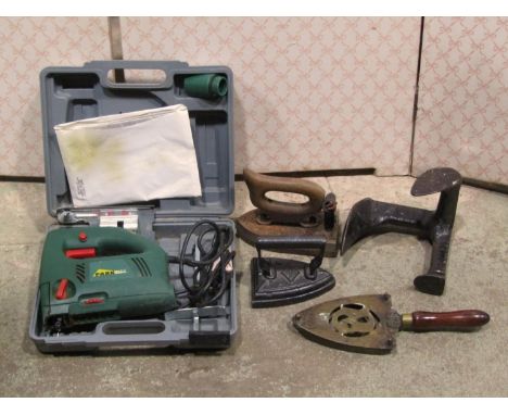 Miscellaneous lot to include a vintage cased Imperial "The Good Companion" typewriter, two flat irons, flat iron stand/trivet