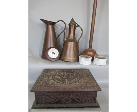 A copper gallon jug, a middle eastern copper coffee pot, a copper washing plunger, a Javanese intricately carved writing box,