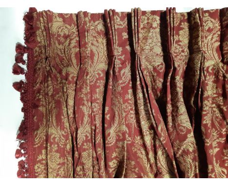 1 pair of heavyweight extra long curtains in burgundy/ gold brocade. Lined with triple pleat heading. Approx size per curtain
