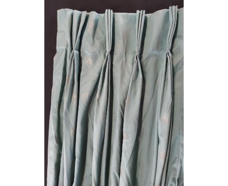 1 very large pair curtains in teal blue soft fabric, lined with triple pleat heading. Approx size per curtain; length 2.72m, 