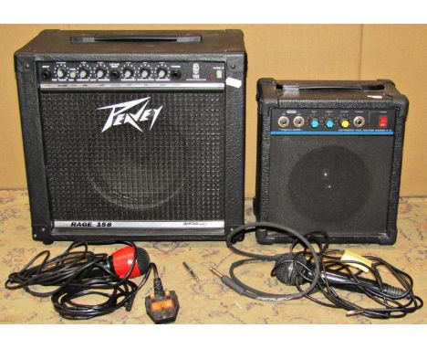 A Peavey Rage 158 amplifier (needs repair, leads cut) together with a realistic G-10 instrument/voice amplifier speaker, a bo