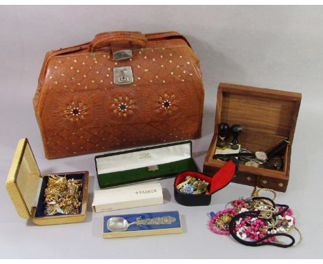 Collection of vintage costume jewellery and wristwatches, together with a brass inlaid wooden box and a Moroccan leather bag 