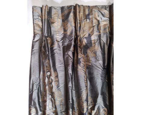 2 pairs of extra long good quality curtains, probably silk with gold patterning over a mink coloured ground. Lined and therma