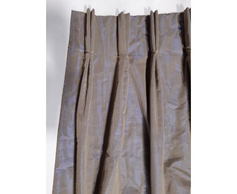 1 pair of good quality  curtains in mink coloured fabric with silk feel. Lined and thermal lined with double pleat heading. A