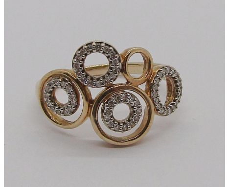 Stylised 9ct diamond set bubble ring, size O, 2.8g 