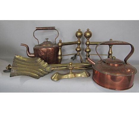 A collection of brass and copperware including fire tools, copper kettles, etc 