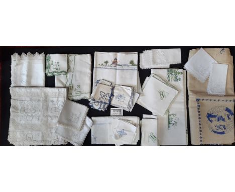 Collection of good quality vintage table linen including cloth / napkin set embroidered with Japanese pagodas, in green and y