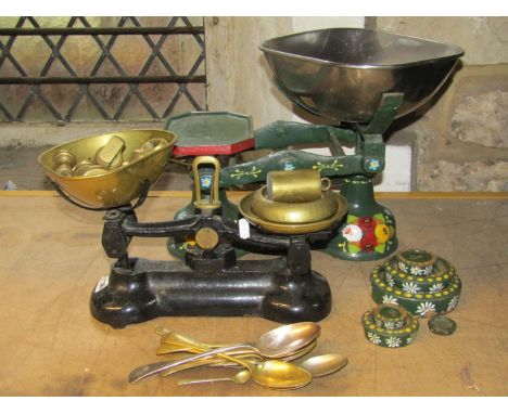 A vintage Libra cast iron kitchen scale with brass pans and weights, together with a further set of kitchen scales and weight