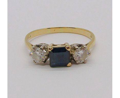 18ct sapphire and diamond three stone ring, the princess cut sapphire flanked by diamonds of 0.25cts each approx, size S, 3g 