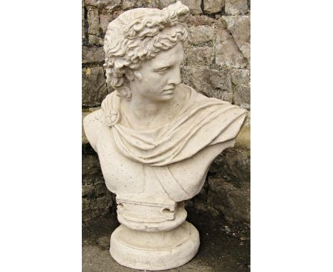 A buff coloured head and shoulder bust of Roman character, light composite to simulate stone, 82 cm high 