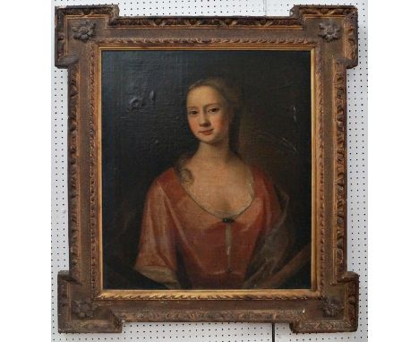 18th century British school, circa 1740 - Half length portrait of a young woman in pink dress, oil on canvas, no visible sign