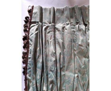 2 pairs curtains in differing sizes, in a soft green satin-like fabric with woven classical shaped pattern. Triple pleat head