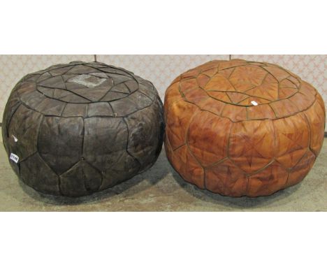 Two vintage stitched soft leather piped geometric patterned circular pouffes with repeating star detail 