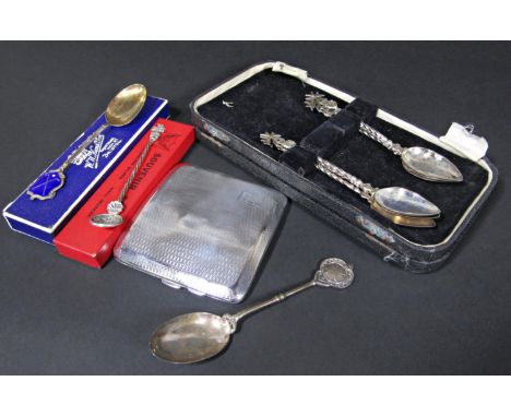 An engine turned silver cigarette case, two gold plated teaspoons and a further small spoon, six unhallmarked teaspoons, 4 oz