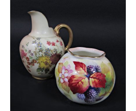 A Royal Worcester blush ivory flat back jug with painted floral decoration and with green printed mark to base 1094, 11.5cm t