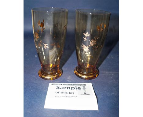 Mid-20th century lemonade set, amber glass jug, 27cm high with gilt decoration of a stork, together with six matching glasses