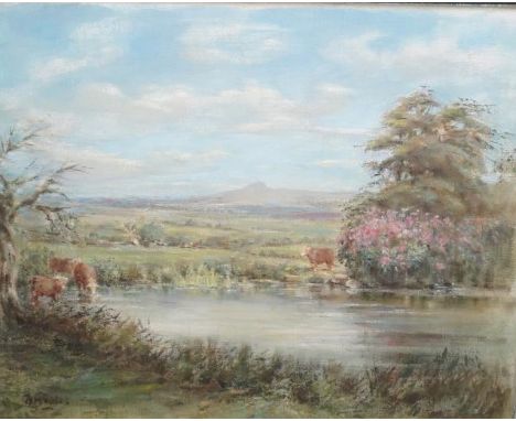 Oil painting on canvas of a landscape with cattle watering, indistinctly signed BH Wickes? 45 x 55cm, together with a coloure