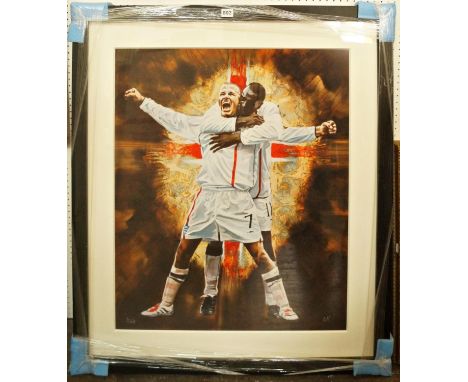 A limited edition coloured print showing David Beckham and Emile Heskey, edition 2/195, 75 x 63cm approx in black frame 