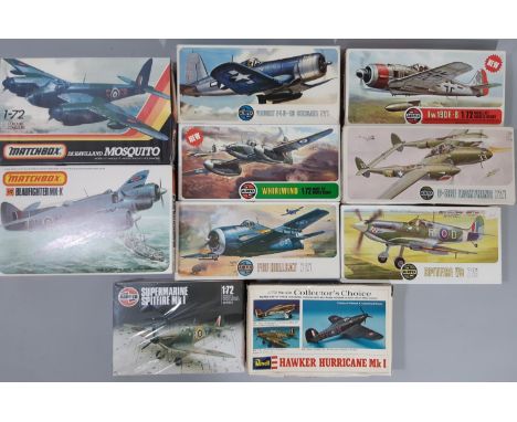 10 model aircraft kits, all 1:72 scale WW2 fighter planes, including 7 by Airfix, 2 by Matchbox and 1 by Revell; all un-start