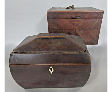 A Georgian sarcophagus tea caddy and another quarter veneered example (AF) (2) 