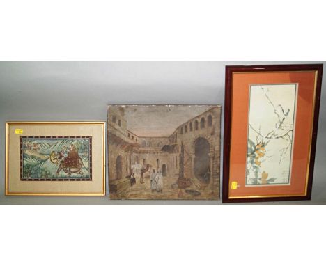 A collection of oriental and Indian pictures and prints including a coloured oriental wood block type print of women and chil
