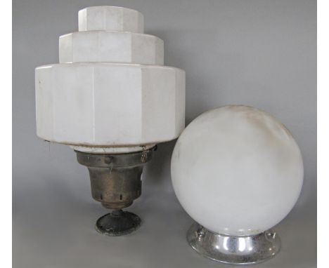 An Art Deco white opaque stepped light shade and globular example similar 