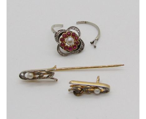 Jewellery for repair / restoration - an antique 18ct diamond and pearl set brooch, 2.8g and a white metal ring set with red s