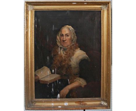 Late 18th century British school, half length portrait of an elderly lady seated and holding a book, oil on canvas, no visibl