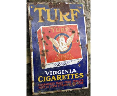 An old enamel sign of rectangular form advertising Turf Virginia Cigarettes, 90 cm x 61 cm (AF) 
