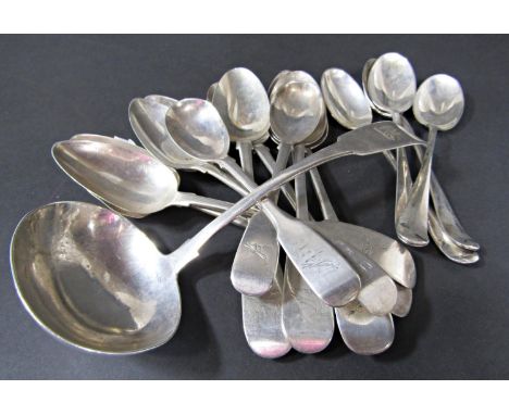 Irish silver flatware, early and mid 19th century, consisting of six coffee spoons, eight teaspoons and a sauce ladle, 10 oz 