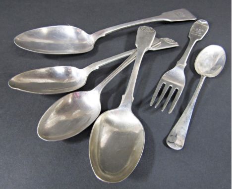 A George III serving spoon, London 1821, by Hyams &amp; Hyams, together with three 19th century dessert spoons, a fork and a 