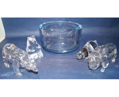 Four cut glass crystal animals comprising Villeroy &amp; Boch bison and bear, further Orrefors bear and a Wedgwood pig, toget