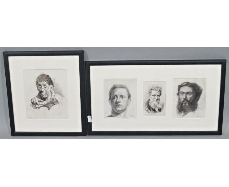 19th century school - A set of three  monochrome studies of male heads, two in pencil and one in  ink, the pencil examples bo