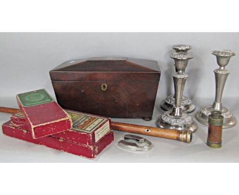 A Georgian mahogany sarcophagus tea caddy, a gold metal and moss agate cabochon capped walking stick (af), a small telescope,
