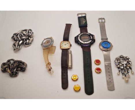 A vintage 9ct gold cased gent's wrist watch, three contemporary watches, two lengths of heavy silver plated chain, etc (colle