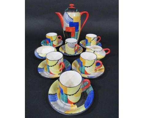 A collection of Grays Pottery art deco coffee wares with brightly coloured geometric painted decoration comprising coffee pot