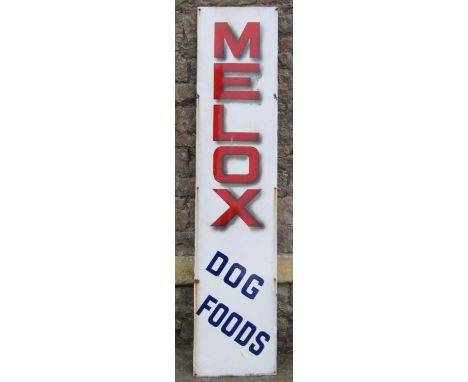 A vintage enamel long and narrow rectangular sign advertising Melox Dog Foods, 183 cm x 41 cm 