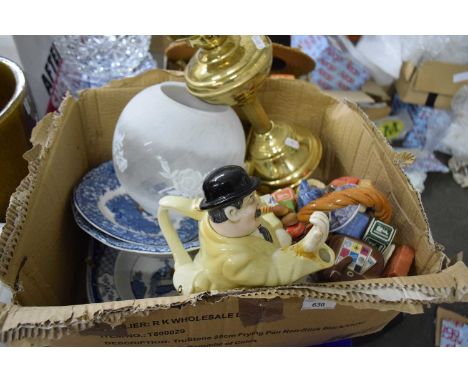 Mixed Lot - novelty tea pots, brass lamp and shade, blue and white china etc