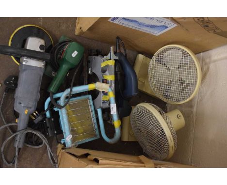 Two electric fans, workmans light, circular saws etc