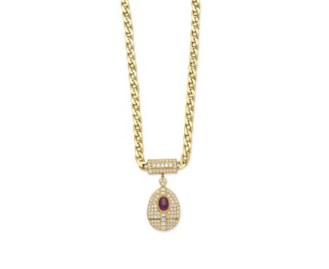 RUBY AND DIAMOND PENDANT NECKLACEThe fancy-link chain suspending a pendant set with a ruby cabochon and step-cut and pavé-set