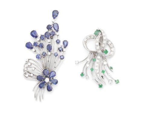 TWO GEM-SET AND DIAMOND SPRAY BROOCHES1st: Set with pear and circular-cut sapphires and brilliant-cut diamonds, 2nd: Set with