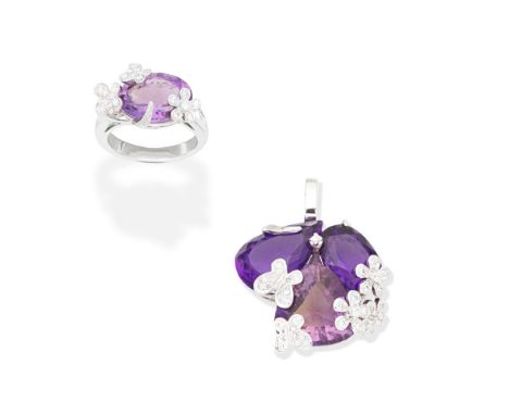 AMETHYST AND DIAMOND-SET PENDANT AND RINGThe pendant set with triangular, oval and pear-shaped amethysts, accented by brillia