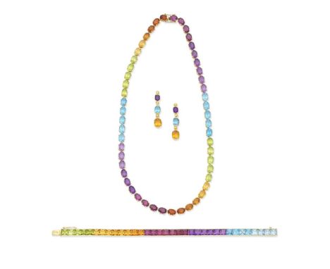 MULTI GEM-SET NECKLACE, BRACELET AND EARRINGSThe necklace set throughout with oval-cut gemstones, including amethyst, blue to