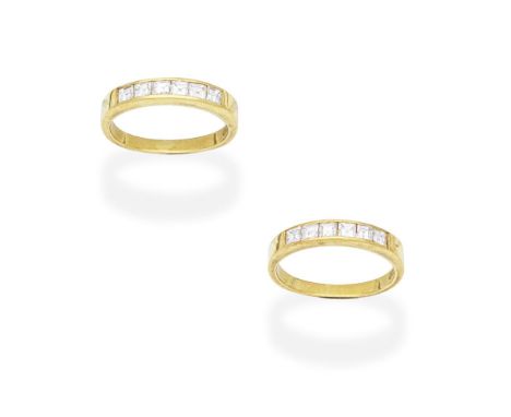 TWO DIAMOND-SET RINGSEach set to the front with square step-cut diamonds, hoops misshapen, diamonds approx. 0.85cts total, ri