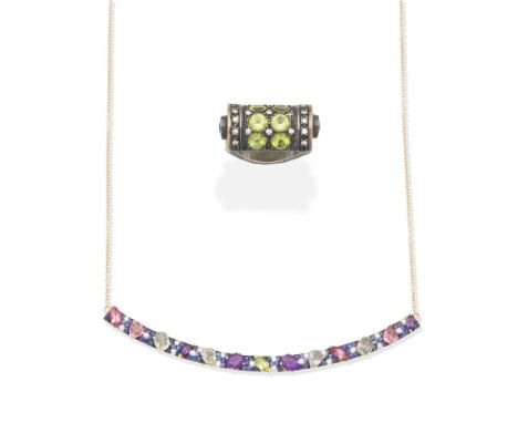 DIAMOND AND GEM-SET NECKLACE AND RING1st: The curved panel set with vari-cut gemstones including amethyst, topaz, sapphire an