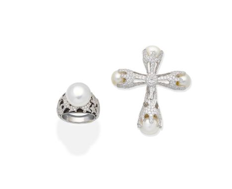 CULTURED PEARL AND DIAMOND PENDANT; CULTURED PEARL AND DIAMOND RING1st: The pendant of cruciform design, set with brilliant-c