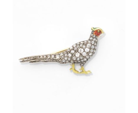 DIAMOND AND ENAMEL PHEASANT BROOCH, CIRCA 1890The body set with rose and cushion-shaped diamonds, the head and feet decorated