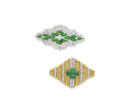 JADE AND DIAMOND BROOCH; EMERALD AND DIAMOND BROOCH1st: The openwork panel set with marquise-shaped jade cabochons and brilli