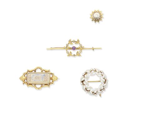THREE GEM-SET BROOCHES; SINGLE EARSTUD1st: Of wreath design decoration with white and green enamel leaves and cushion-shaped 