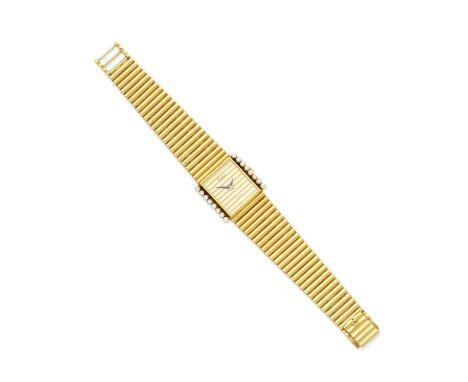 CHOPARD: DIAMOND-SET WATCHThe rectangular dial with black enamel hands, between rows of brilliant-cut diamonds, on a strap of